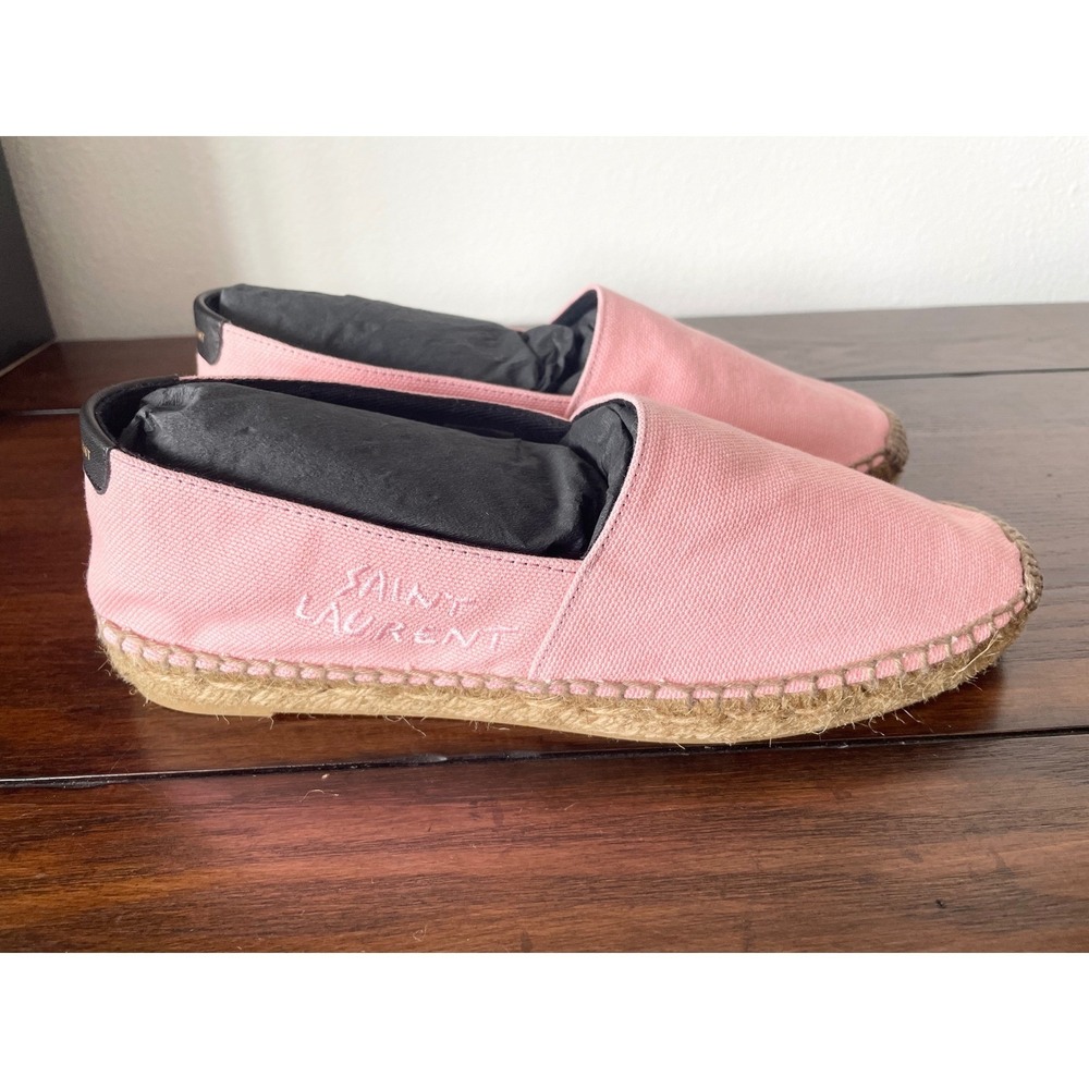 Saint Laurent Women's Pink Canvas Embroidered Flats Loafers Shoes, sz 37.5 - Picture 4 of 10